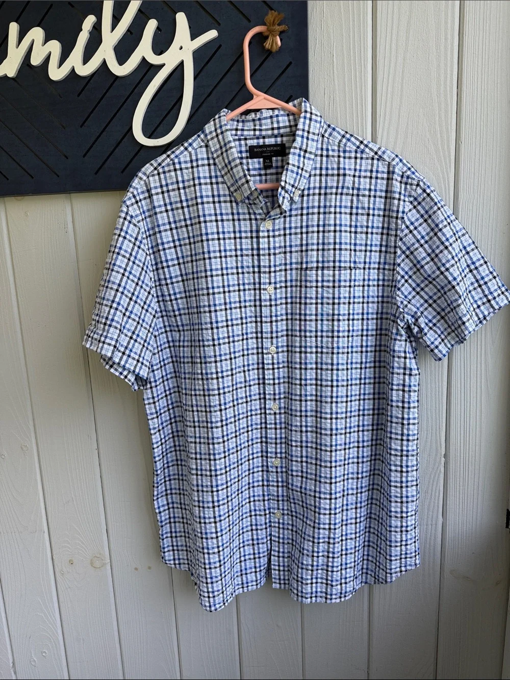 Banana Republic Blue and White Plaid Short Sleeve Button-Down